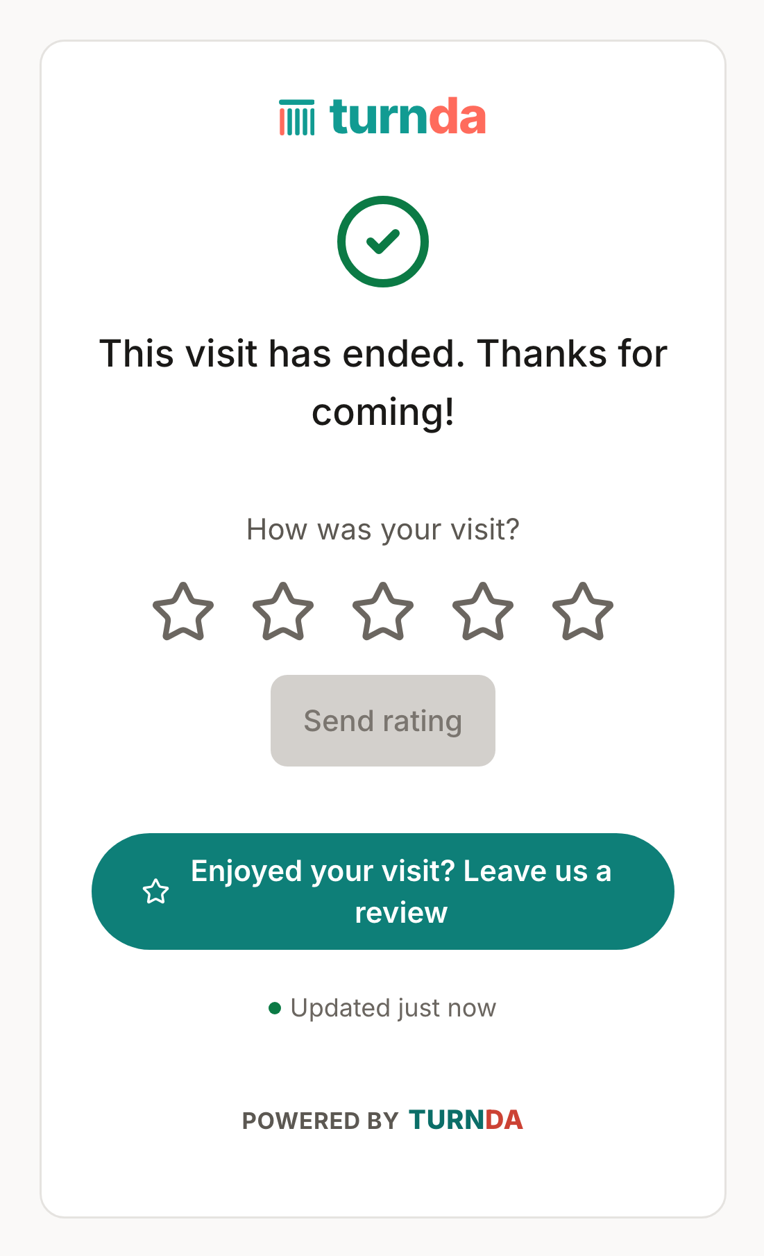 A visitor's tracking link after their visit, showing “This visit has ended. Thanks for coming!”, a five-star “How was your visit?” rating, and a teal “Enjoyed your visit? Leave us a review” button.